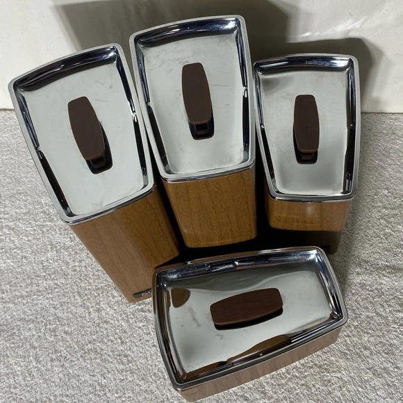 Vintage GSW MCM Faux Wood Metal Canister Set Sugar Flour Coffee Tea - Picture 7 of 14